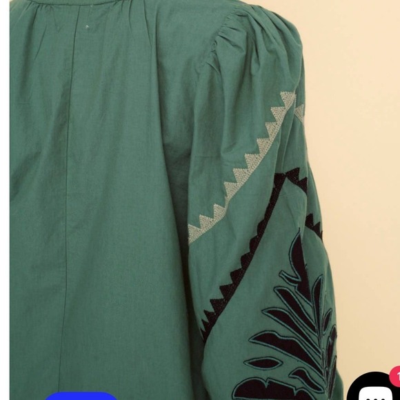 SONMER NWT SZ XL Black Embroidered Green Puff Sleeve 1/4 hook Top Boho Festival - Picture 5 of 15